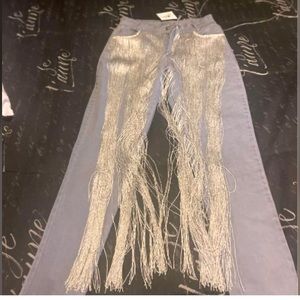 Women silver fringe jeans